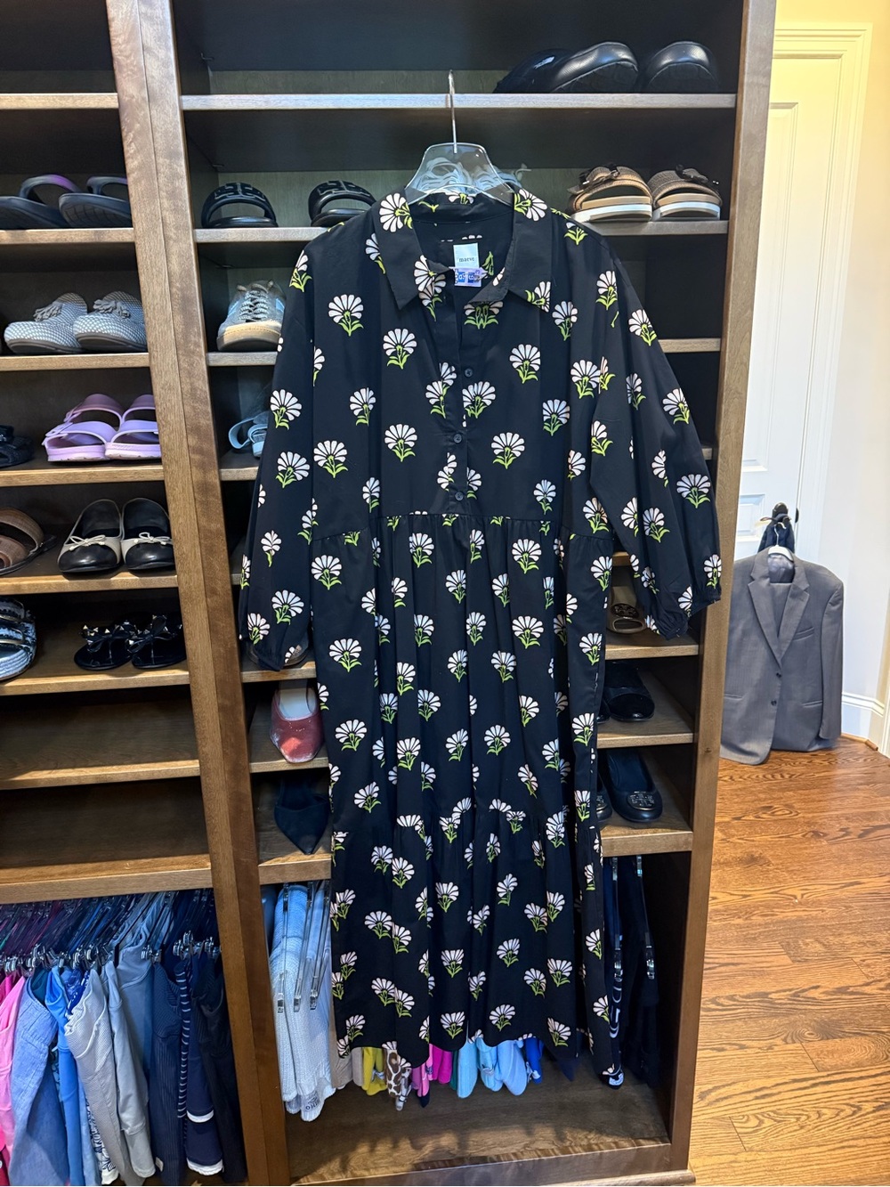 Maeve Black Maxi Dress with White and Green Floral Print